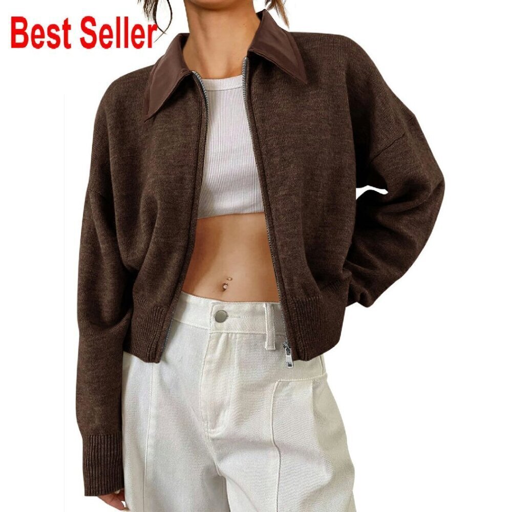Cropped Zip Up Sweater Jacket Faux Leather Collar Preppy Chic Fall Winter